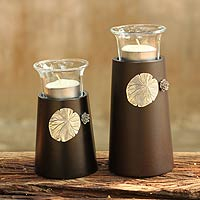 Wood and pewter candleholders, 'Lotus Light' (pair) - Wood and pewter candleholders (Pair)