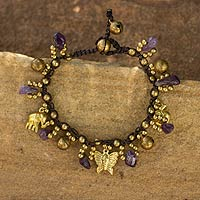 Amethyst charm bracelet, 'Lavender Siam' - Amethyst and Brass Beaded Charm Bracelet