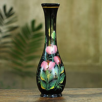 Lacquered decorative wood vase Crimson Poppy Thailand