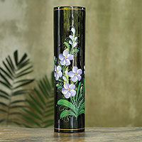 Lacquered decorative wood vase Vanda Orchid Thailand