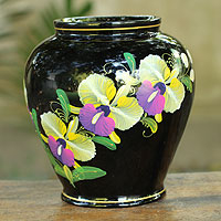Lacquered decorative wood vase Siamese Orchids Thailand