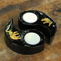 Lacquered wood candleholders Yin Yang Elephants pair Thailand