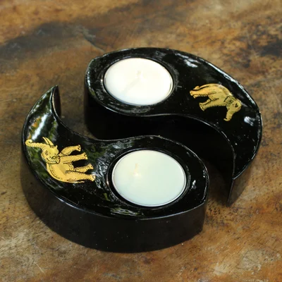 Lacquered wood candleholders, 'Yin Yang Elephants' (pair) - Thai Lacquered Wood Candleholders Gold Leaf Yin Yang