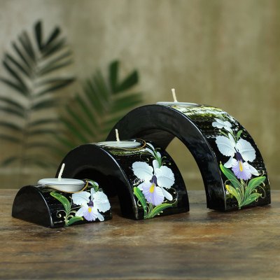Lacquered wood candleholders, 'Jungle Orchid' (set of 3) - Hand Made Set of 3 Orchid Thai Lacquered Wood Candleholders