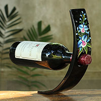 Lacquered wood wine bottle holder Azure Orchid Thailand