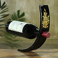 Lacquered wood wine bottle holder Golden Lotus Thailand