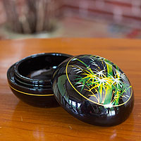 Lacquered wood box, 'Whispering Bamboo' - Thai Lacquered Wood Round Decorative Box Handpainted Bamboo