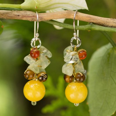 Tiger's eye and prehnite cluster earrings, 'Sweet Sunshine' - Tiger's Eye Carnelian Quartz Cluster Earrings