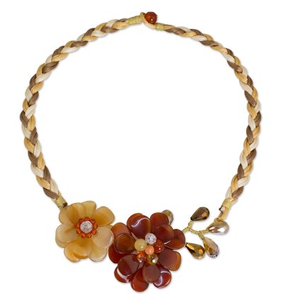 Carnelian flower necklace, 'Ginger Blossoms' - Carnelian and Quartz Handmade Floral Necklace
