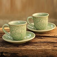 Celadon ceramic cups and saucers Jade Orchids set for 2 Thailand