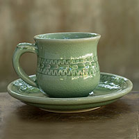 Celadon ceramic cup and saucer Rice Field Thailand