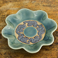 Celadon ceramic plate Lotus Elephants Thailand