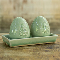 Celadon ceramic salt and pepper shaker set Lotus Thailand