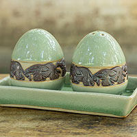 Celadon ceramic salt and pepper shaker set Forest Elephant Thailand