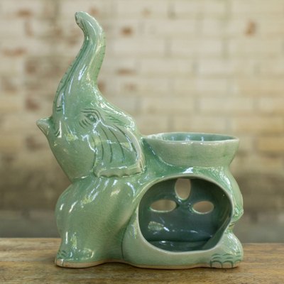Celadon oil warmer, 'Yogic Elephant' - Celadon oil warmer