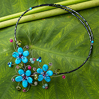 Multi-gem flower necklace, 'Turquoise Sonata' - Floral Wrap Necklace Artisan Crafted Beaded Jewelry