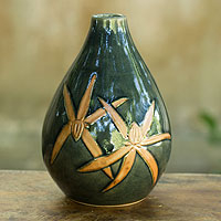 Celadon ceramic vase Dragonfly Orchids Thailand