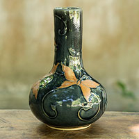 Celadon vase, 'Forest Butterflies' - Dark Green Glazed Celadon Vase Crafted by Hand
