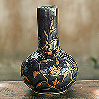 Celadon ceramic vase, 'Forest Blooms' - Hand Crafted Dark Green Glazed Celadon Vase