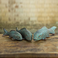 Ceramic figurines Prosperous Turquoise Koi set of 3 Thailand