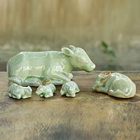 Celadon ceramic figurines Cow Family set of 5 Thailand