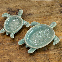 Celadon ceramic bowls Aqua Thai Turtles pair Thailand