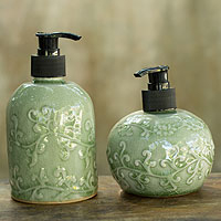 Celadon ceramic soap dispensers Jade Floral pair Thailand