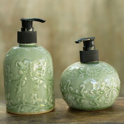 Celadon ceramic soap dispensers, Jade Floral (pair)