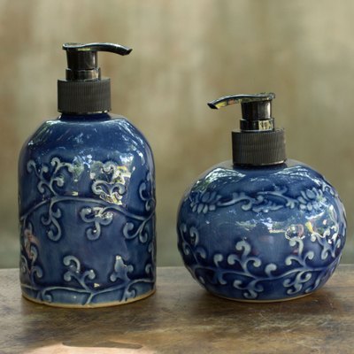 Celadon ceramic soap dispensers, Sapphire Floral (pair)