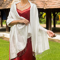 Rayon and silk blend shawl, 'Mandarin Snow' - White Floral Brocade Shawl