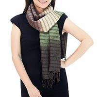 Silk scarf, 'Forest Evolution' - Fair Trade Green and Brown Tie Dye Bark Silk Scarf