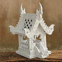 Wood spirit house, 'Lanna White Temple' - Handcrafted Buddhist Spirit House Sculpture