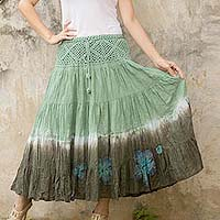 Cotton batik skirt, 'Green Boho Chic' - Long Cotton Batik and Crochet Skirt from Thailand