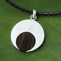 Men's wood necklace, 'Everlasting Moon' - Indian Elm on Sterling Silver Necklace for Men Jewelry