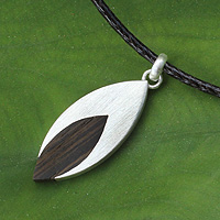 Men's wood necklace, 'Everlasting Leaf' - Indian Elm on Sterling Silver Necklace for Men Jewelry