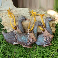 Ceramic ornaments Antiqued Festive Ducks set of 3 Thailand