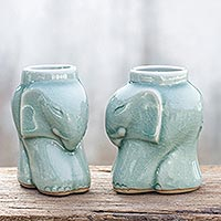 Celadon ceramic candleholders Cozy Blue Elephants pair Thailand