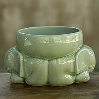Celadon ceramic bowl Jade Elephants Thailand