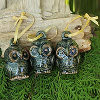 Celadon ceramic ornaments Festive Dark Green Owls set of 3 Thailand