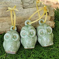 Celadon ceramic ornaments Festive Light Green Owls set of 3 Thailand