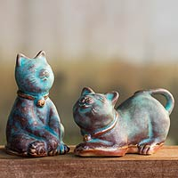 Ceramic statuettes Turquoise Feline Sisters pair Thailand