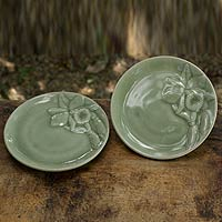 Celadon ceramic plates Enchanted Orchids pair Thailand