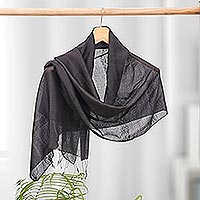 Silk blend scarf, 'Black Harmony' - Handwoven Rayon and Silk Scarf