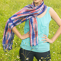 Silk scarf, 'Blue Thai River' - Tie Dye Blue and Pink Silk Scarf from Thailand
