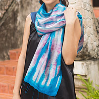 Silk scarf, 'Azure Thai River' - Blue and Pink Tie Dye Silk Scarf