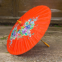 Saa paper parasol, 'Tangerine Garden' - Hand Painted Saa Paper Parasol from Thailand