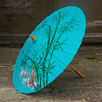 Saa paper parasol, 'Blue Bamboo' - Hand-painted Blue Saa Paper Parasol