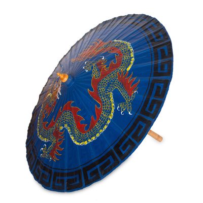 Saa paper parasol, 'Blue Dragon' - Handcrafted Blue Saa Paper Parasol with Dragon Art
