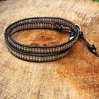 Silver and leather wrap bracelet, 'Hill Tribe Treasure' - Leather and Hill Tribe Silver Beads Wrap Bracelet