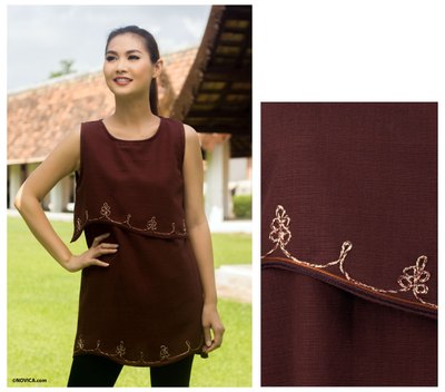 Cotton blouse, 'Layers in Brown' - Embroidered Cotton Sleeveless Blouse